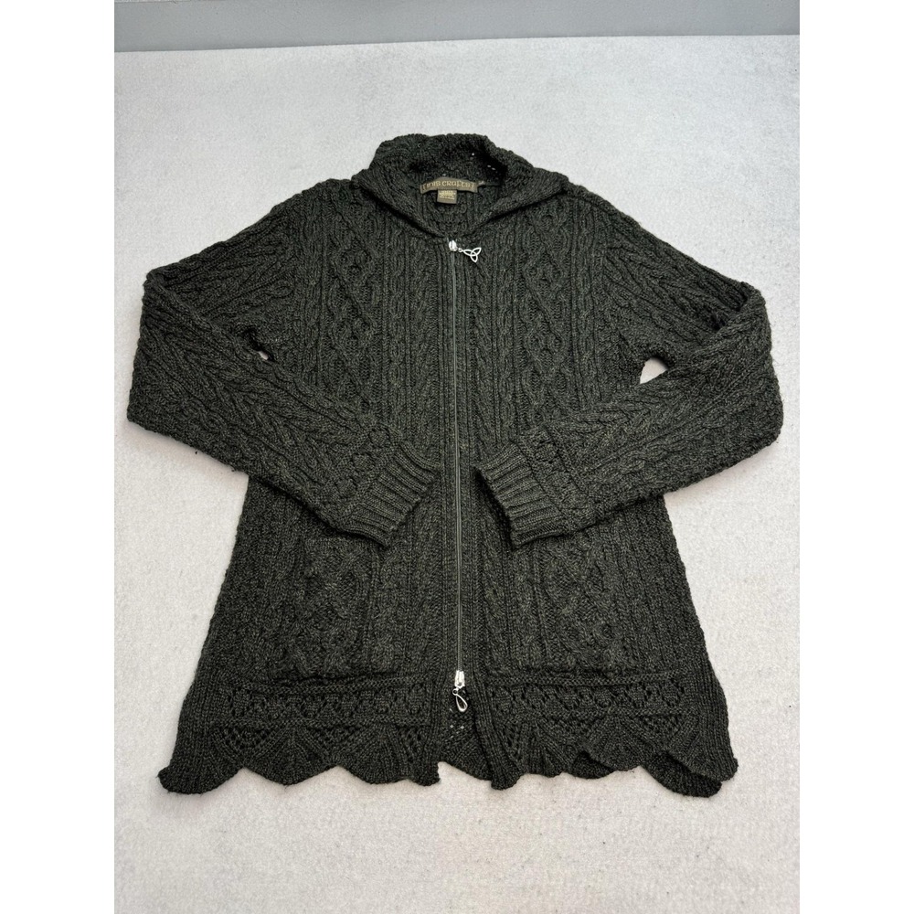 Inis Crafts Cardigan Sweater Womens Large Gray Merino Wool Hooded Full Zip Knit